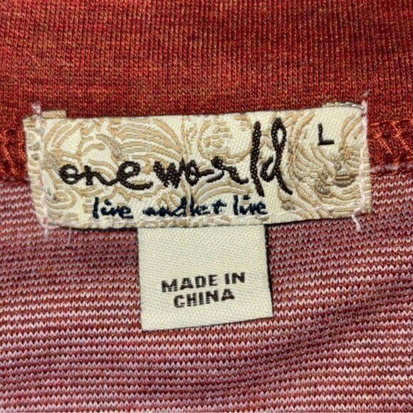 ONE WORLD Womens Large Rust Brick Red Stamped Design Jacket Zip Sweater Autumn - Picture 2 of 8